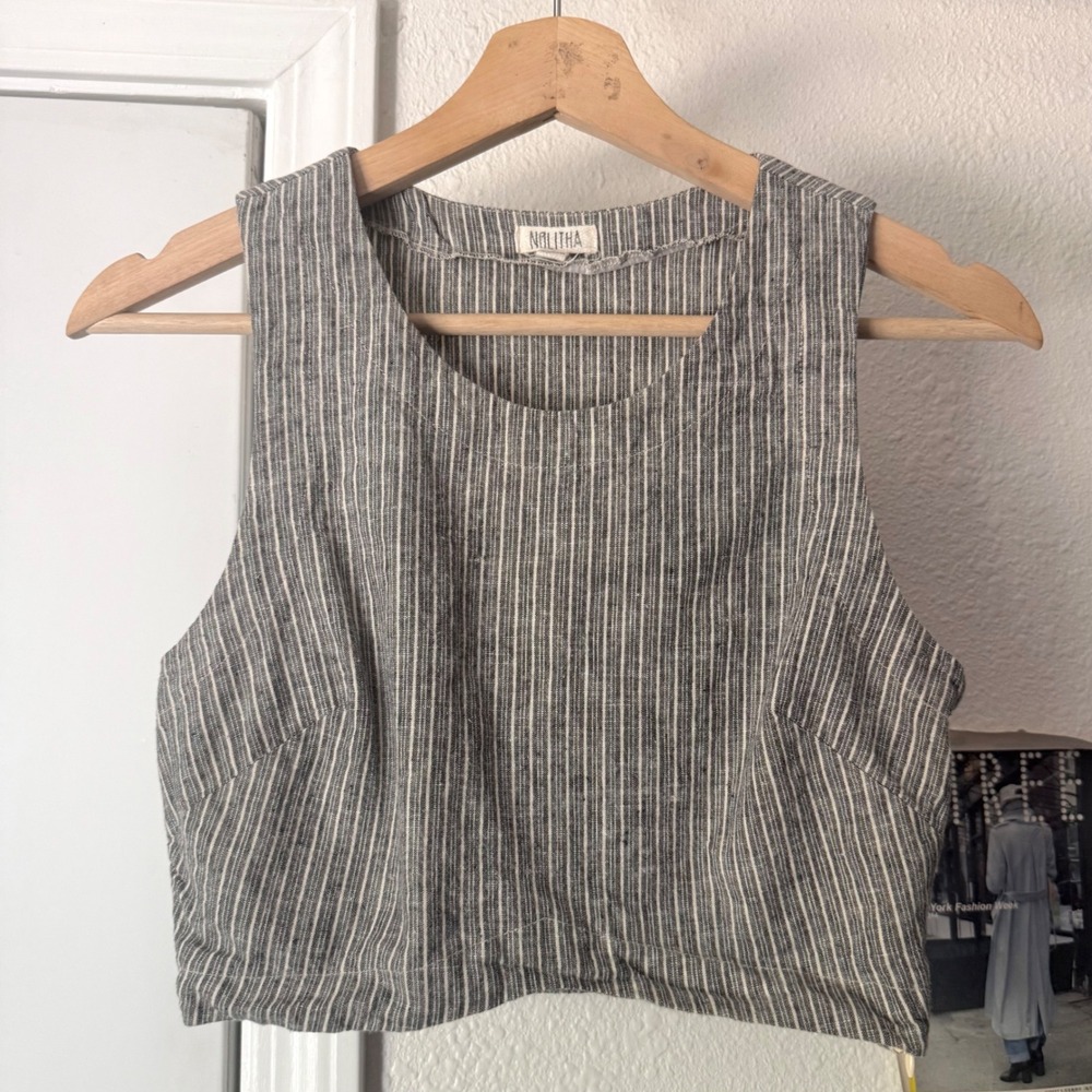NOLITHA grey white pin striped linen cotton lagenlook cropped tank top